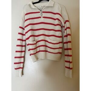 St Johns Bay Cream Red Stripe Quarter Zip Knit Sweater Pullover Womens XS